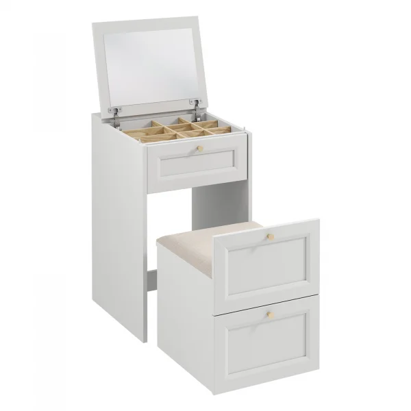 Toeletta da trucco shabby 50x80h cm con seduta richiudibile e specchio bianco Shubo