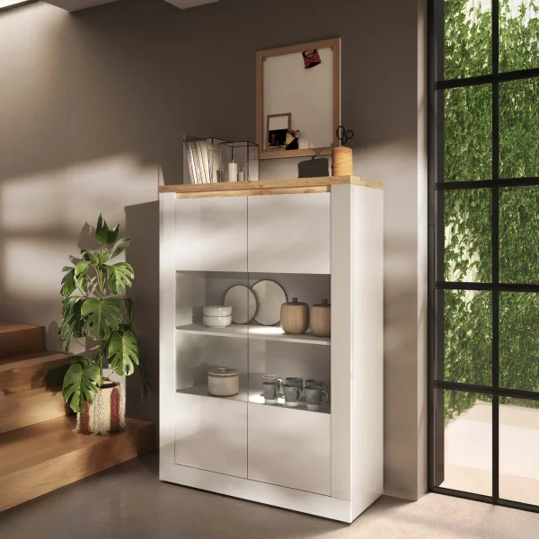 Vetrina 114x160h cm 2 ante con led bianco lucido rovere chiaro Istria