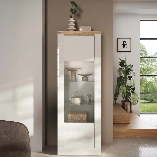Vetrinetta 67x191h cm 1 anta con led bianco lucido rovere chiaro Istria