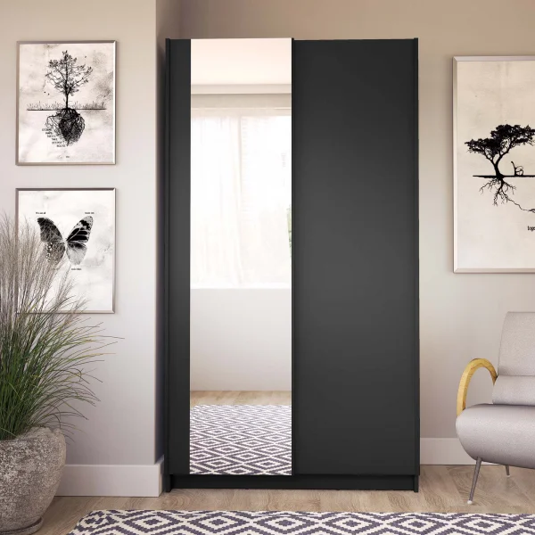 Armadio 100x182h cm 2 ante scorrevoli con specchio nero Medora