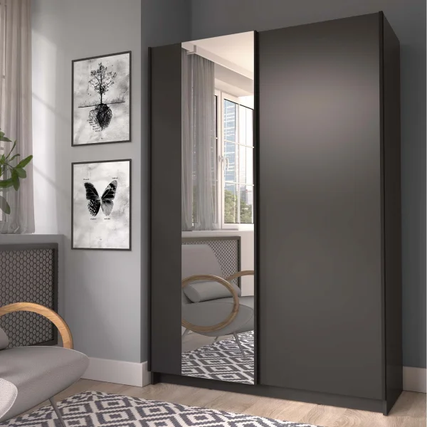 Armadio 120x182h cm 2 ante scorrevoli con specchio nero Medora