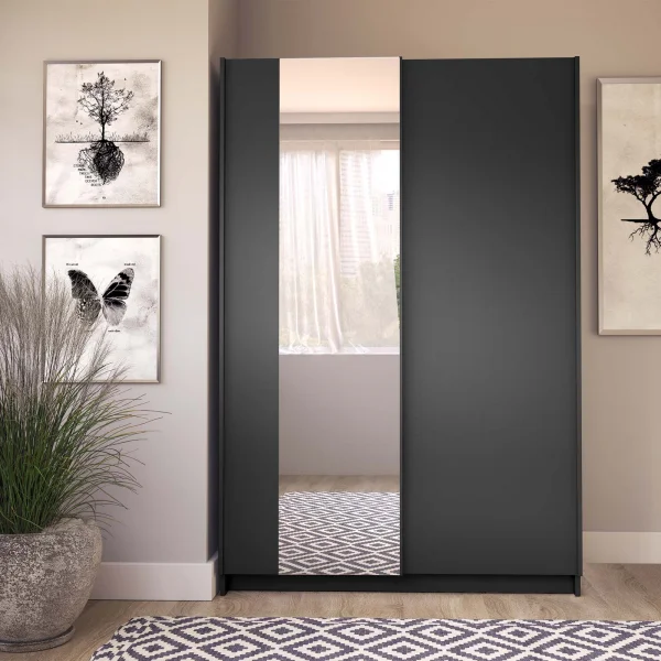 Armadio 120x182h cm 2 ante scorrevoli con specchio nero Medora
