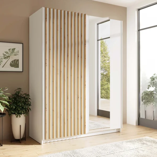 Armadio 150x198h 2 ante scorrevoli cannettato con specchio bianco rovere Ophelia