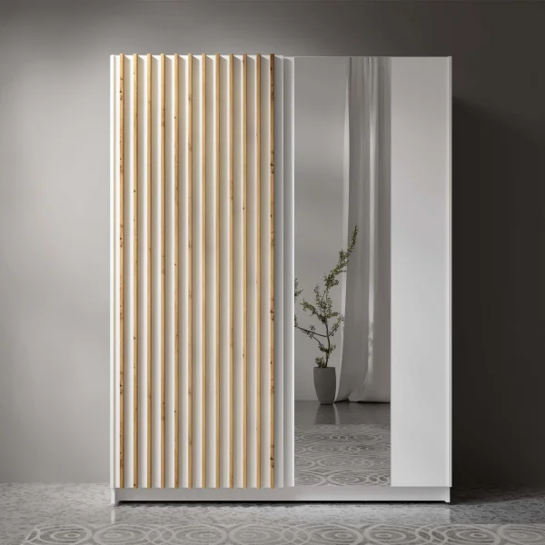 Armadio 150x198h 2 ante scorrevoli cannettato con specchio bianco rovere Ophelia