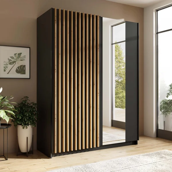 Armadio 150x198h 2 ante scorrevoli cannettato con specchio nero rovere Ophelia