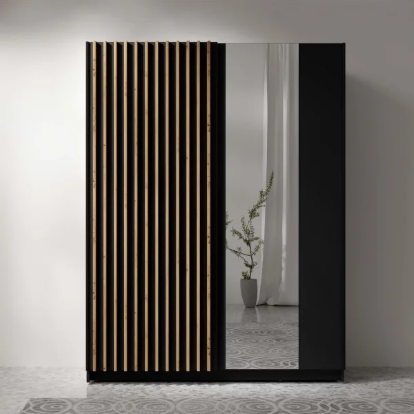 Armadio 150x198h 2 ante scorrevoli cannettato con specchio nero rovere Ophelia