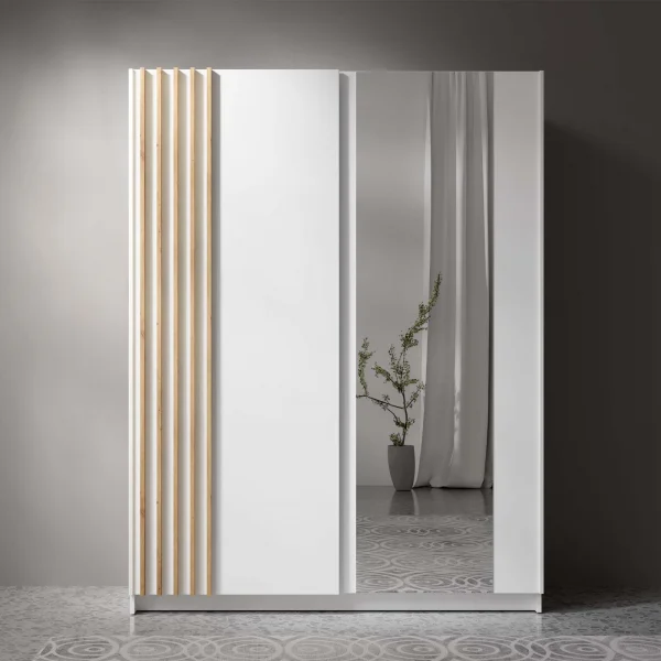 Armadio 150x198h cm 2 ante scorrevoli cannettato con specchio bianco rovere Cannes