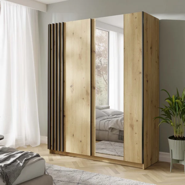 Armadio 150x198h cm 2 ante scorrevoli cannettato con specchio rovere antracite Cannes