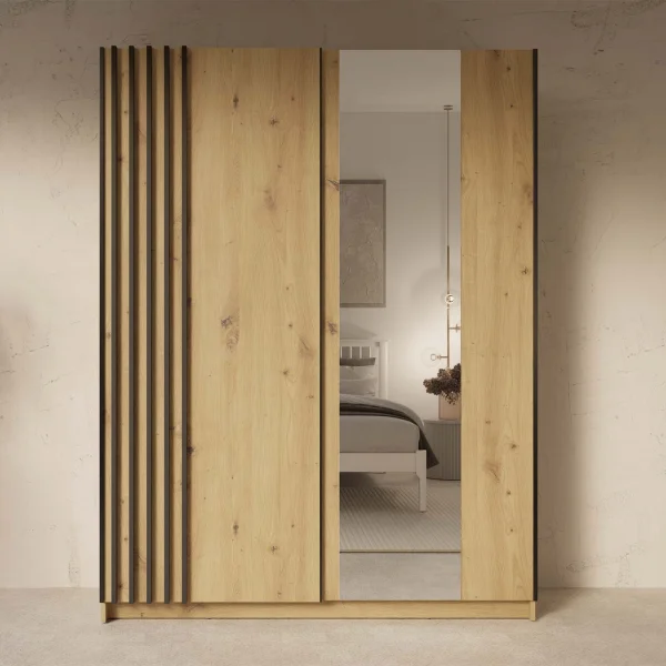 Armadio 150x198h cm 2 ante scorrevoli cannettato con specchio rovere antracite Cannes