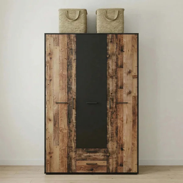 Armadio 150x200h cm 3 ante 2 cassetti grafite rovere rustico Fada