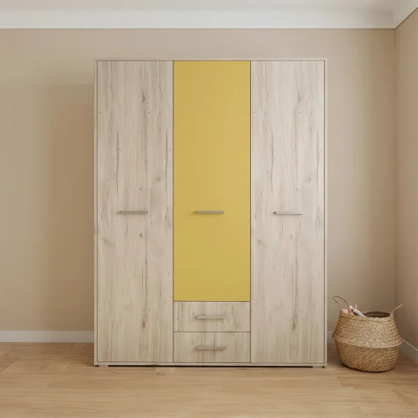 Armadio 150x201h cm 3 ante 2 cassetti bianco frassinato giallo Bra