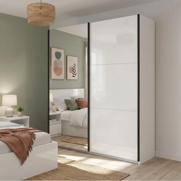 Armadio 154x196h cm 2 ante scorrevoli con specchio bianco lucido Krea