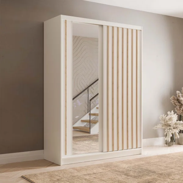 Armadio 155x215h cm 2 ante scorrevoli, cannettato con specchio bianco rovere Vance