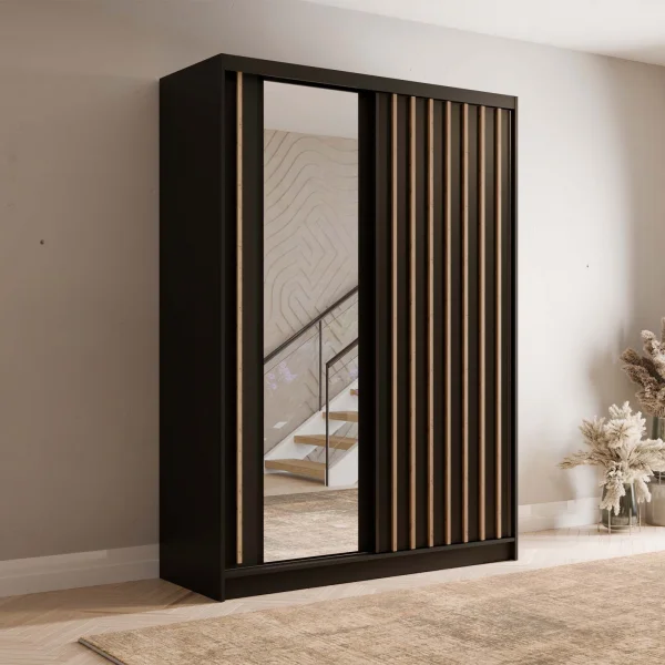 Armadio 155x215h cm 2 ante scorrevoli, cannettato con specchio nero rovere Vance