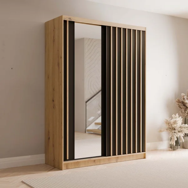 Armadio 155x215h cm 2 ante scorrevoli, cannettato con specchio rovere nero Vance