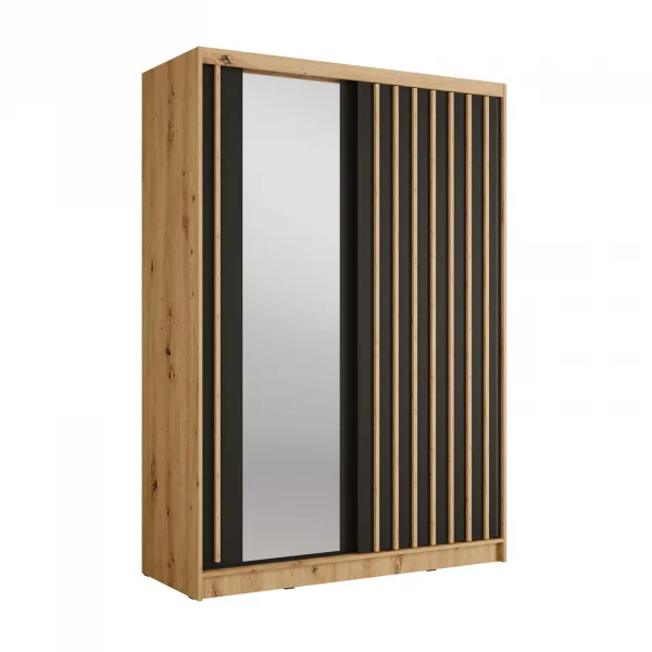 Armadio 155x215h cm 2 ante scorrevoli, cannettato con specchio rovere nero Vance