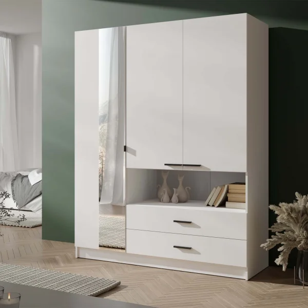 Armadio 158x201h cm 3 ante 2 cassetti 1 vano a vista con specchio bianco Lipsia