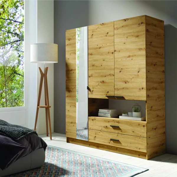 Armadio 158x201h cm 3 ante 2 cassetti 1 vano a vista con specchio rovere Lipsia