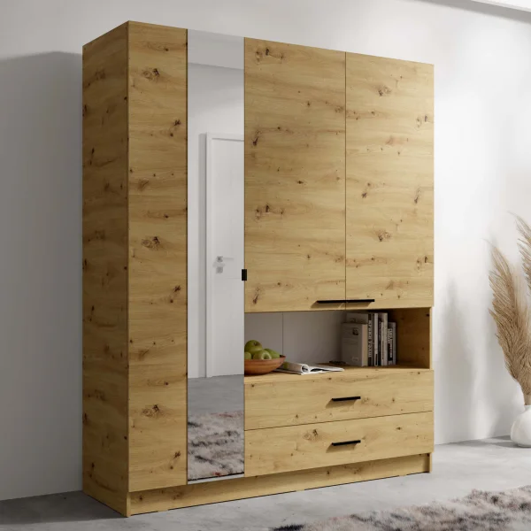 Armadio 158x201h cm 3 ante 2 cassetti 1 vano a vista con specchio rovere Lipsia