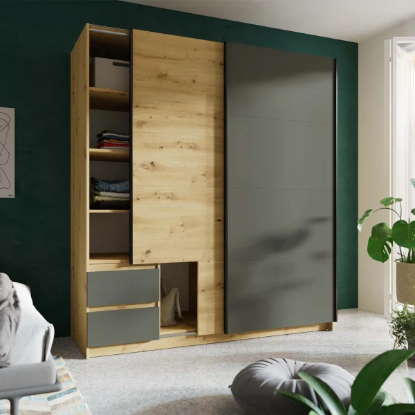 Armadio 180x198h cm 2 ante scorrevoli 2 casseti rovere antracite Padova