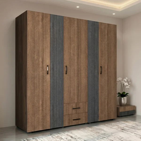 Armadio 190x202h cm 5 ante 2 cassetti rovere scuro nero frassinato Loly