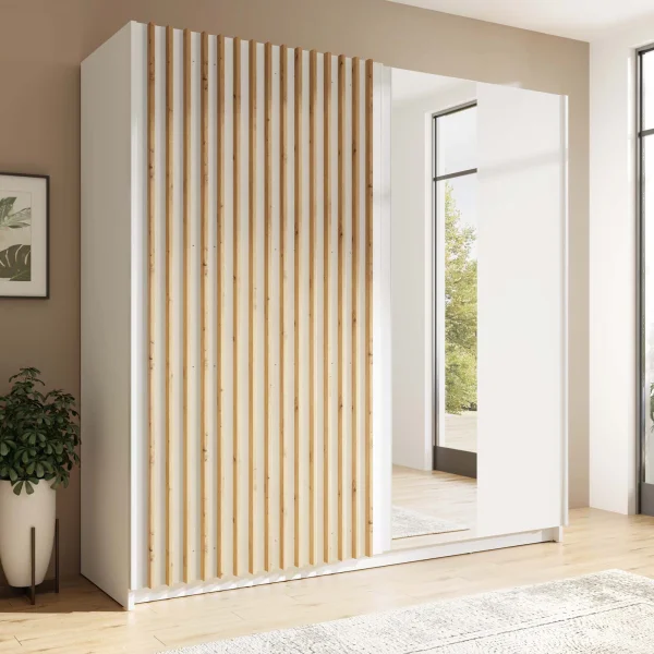 Armadio 200x198h cm 2 ante scorrevoli cannettato con specchio bianco rovere Ophelia