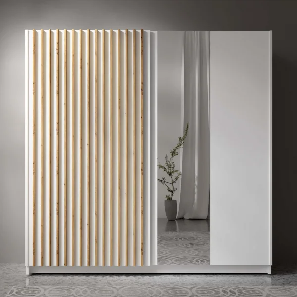 Armadio 200x198h cm 2 ante scorrevoli cannettato con specchio bianco rovere Ophelia