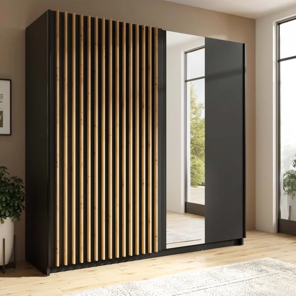 Armadio 200x198h cm 2 ante scorrevoli cannettato con specchio nero rovere Ophelia