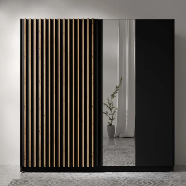 Armadio 200x198h cm 2 ante scorrevoli cannettato con specchio nero rovere Ophelia