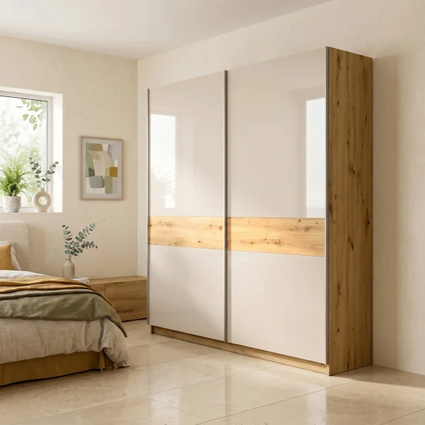 Armadio 200x215h cm 2 ante scorrevoli beige cashmere lucido rovere Elara