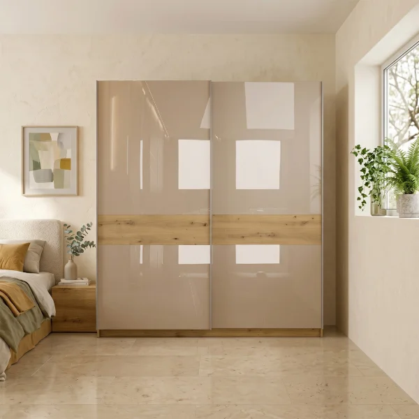 Armadio 200x215h cm 2 ante scorrevoli beige cashmere lucido rovere Elara