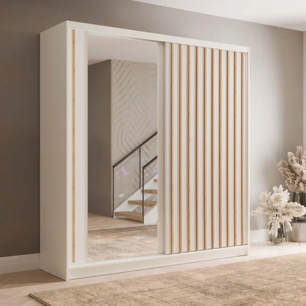Armadio 205x215h cm 2 ante scorrevoli, cannettato con specchio bianco rovere Vance