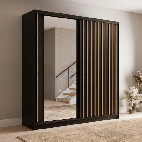 Armadio 205x215h cm 2 ante scorrevoli, cannettato con specchio nero rovere Vance