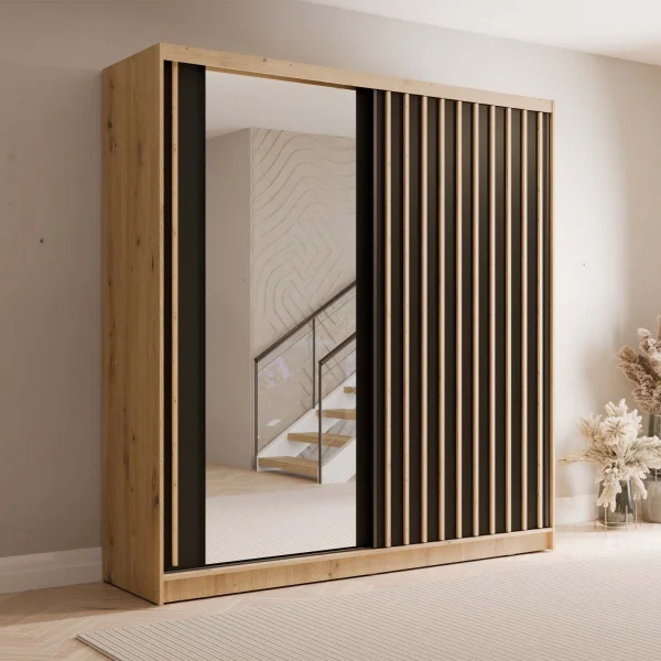 Armadio 205x215h cm 2 ante scorrevoli, cannettato con specchio rovere nero Vance
