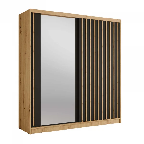 Armadio 205x215h cm 2 ante scorrevoli, cannettato con specchio rovere nero Vance