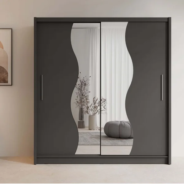 Armadio 205x215h cm 2 ante scorrevoli con specchio a onda antracite Varna