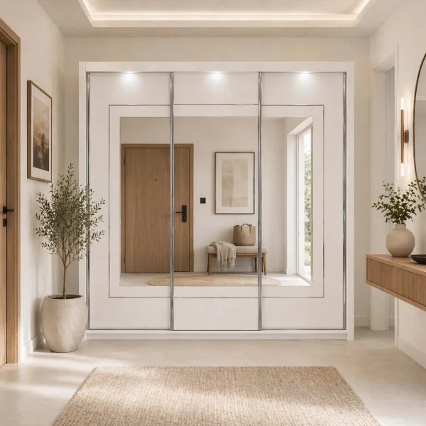 Armadio 208x213h cm 3 ante scorrevoli con specchio e luce a led bianco lucido Lucerna