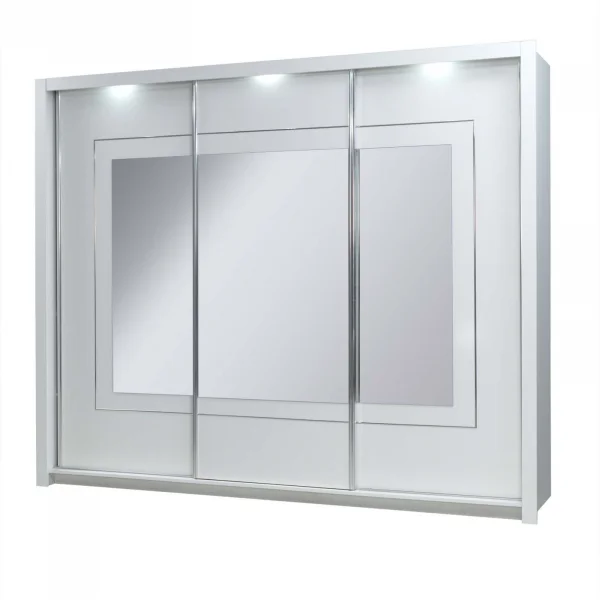 Armadio 208x213h cm 3 ante scorrevoli con specchio e luce a led bianco lucido Lucerna