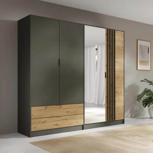 Armadio 220x202h cm con specchio 4 ante 2 cassetti cannettato antracite rovere Garda
