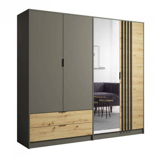 Armadio 220x202h cm con specchio 4 ante 2 cassetti cannettato antracite rovere Garda