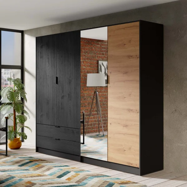 Armadio 220x203h cm 4 ante 2 cassetti con specchio nero rovere Brema