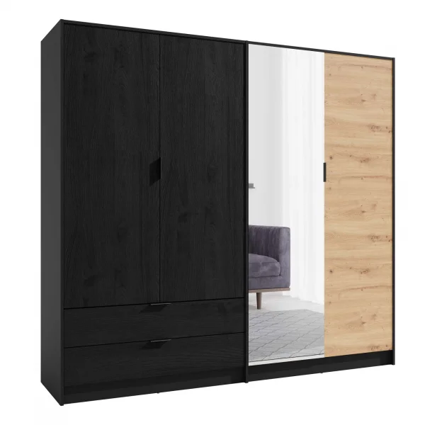 Armadio 220x203h cm 4 ante 2 cassetti con specchio nero rovere Brema