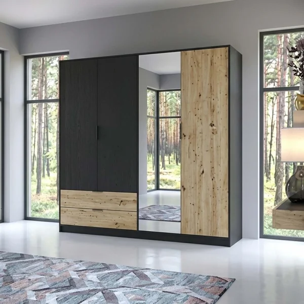 Armadio 220x203h cm 4 ante 2 cassetti nero frassinato rovere Polinesia