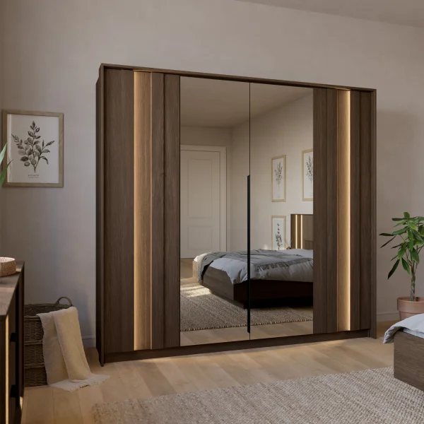 Armadio 223x210h cm con led e specchio 4 ante camera da letto noce Bois