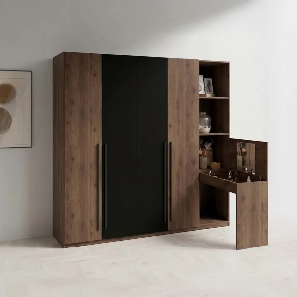 Armadio 226x220h cm 4 ante con colonna a giorno e scrivania postazione trucco noce nero Baku