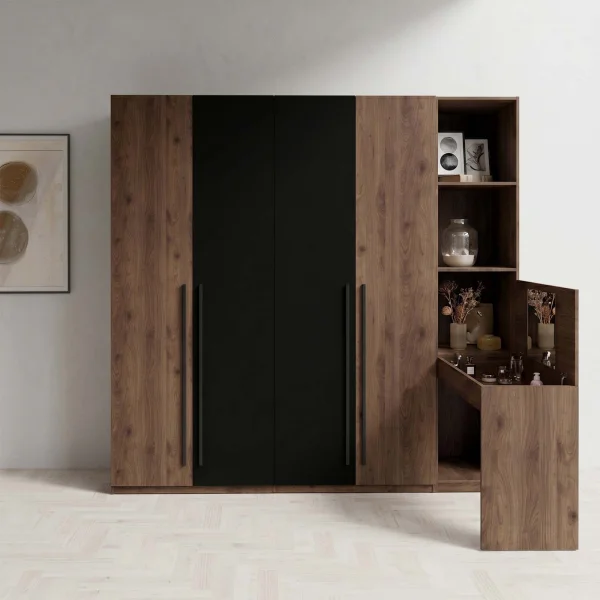 Armadio 226x220h cm 4 ante con colonna a giorno e scrivania postazione trucco noce nero Baku