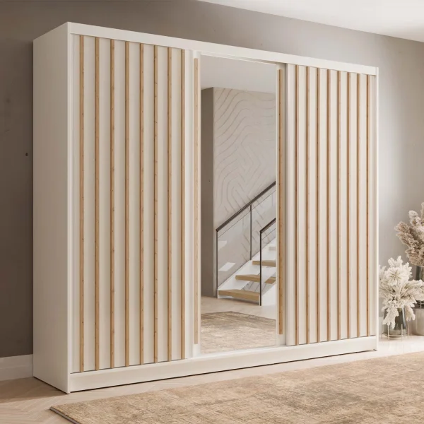 Armadio 248x215h cm 3 ante scorrevoli, cannettato con specchio bianco rovere Vance