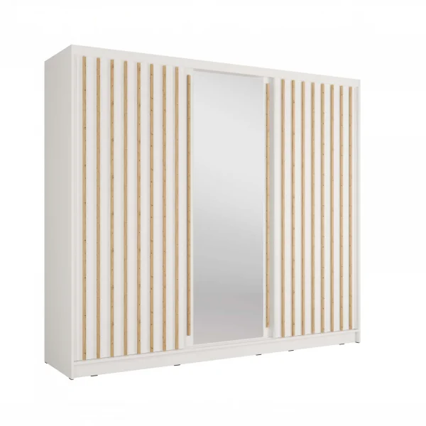 Armadio 248x215h cm 3 ante scorrevoli, cannettato con specchio bianco rovere Vance