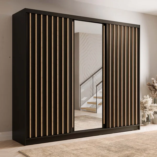 Armadio 248x215h cm 3 ante scorrevoli, cannettato con specchio nero rovere Vance