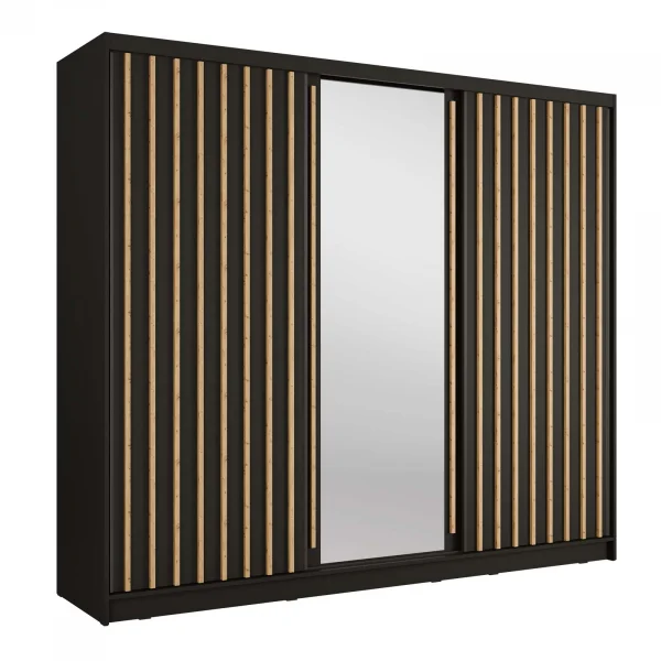 Armadio 248x215h cm 3 ante scorrevoli, cannettato con specchio nero rovere Vance